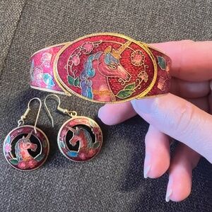 Unicorn Vintage Cloisonné Hinged Bracelet and Matching Earrings